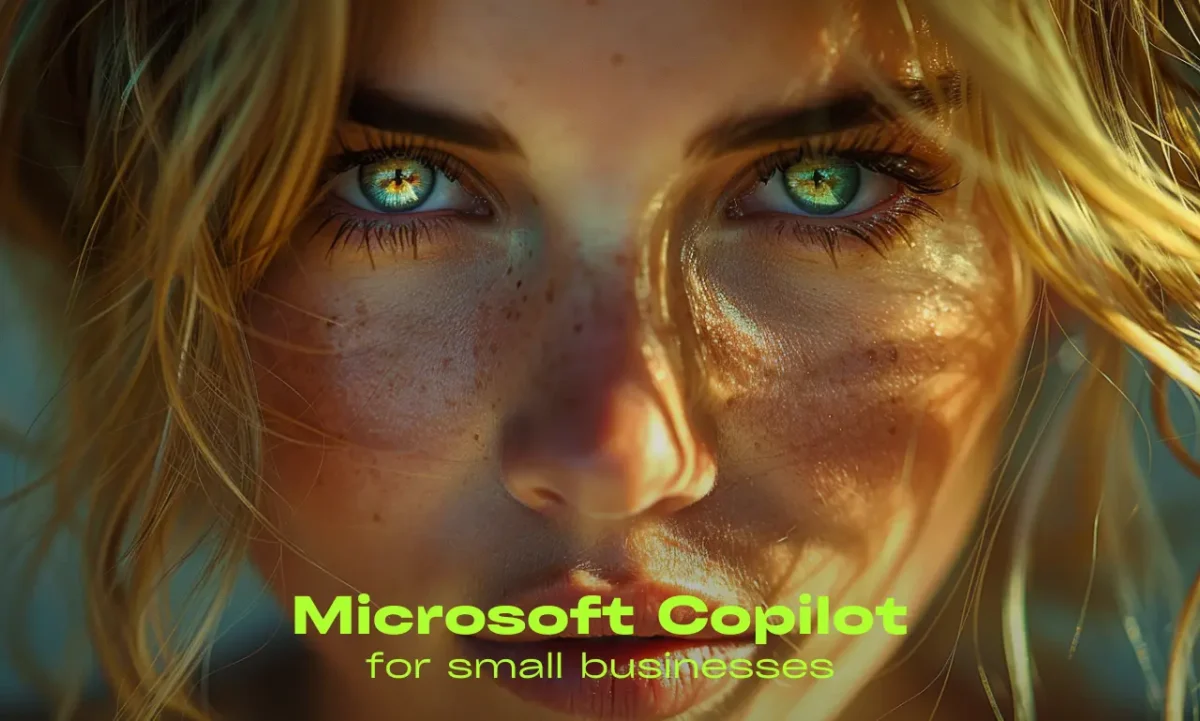 closeup shot of a blonde girl with yellow eyes looking at the camera ai generated image with text on it microsoft copilot for small business
