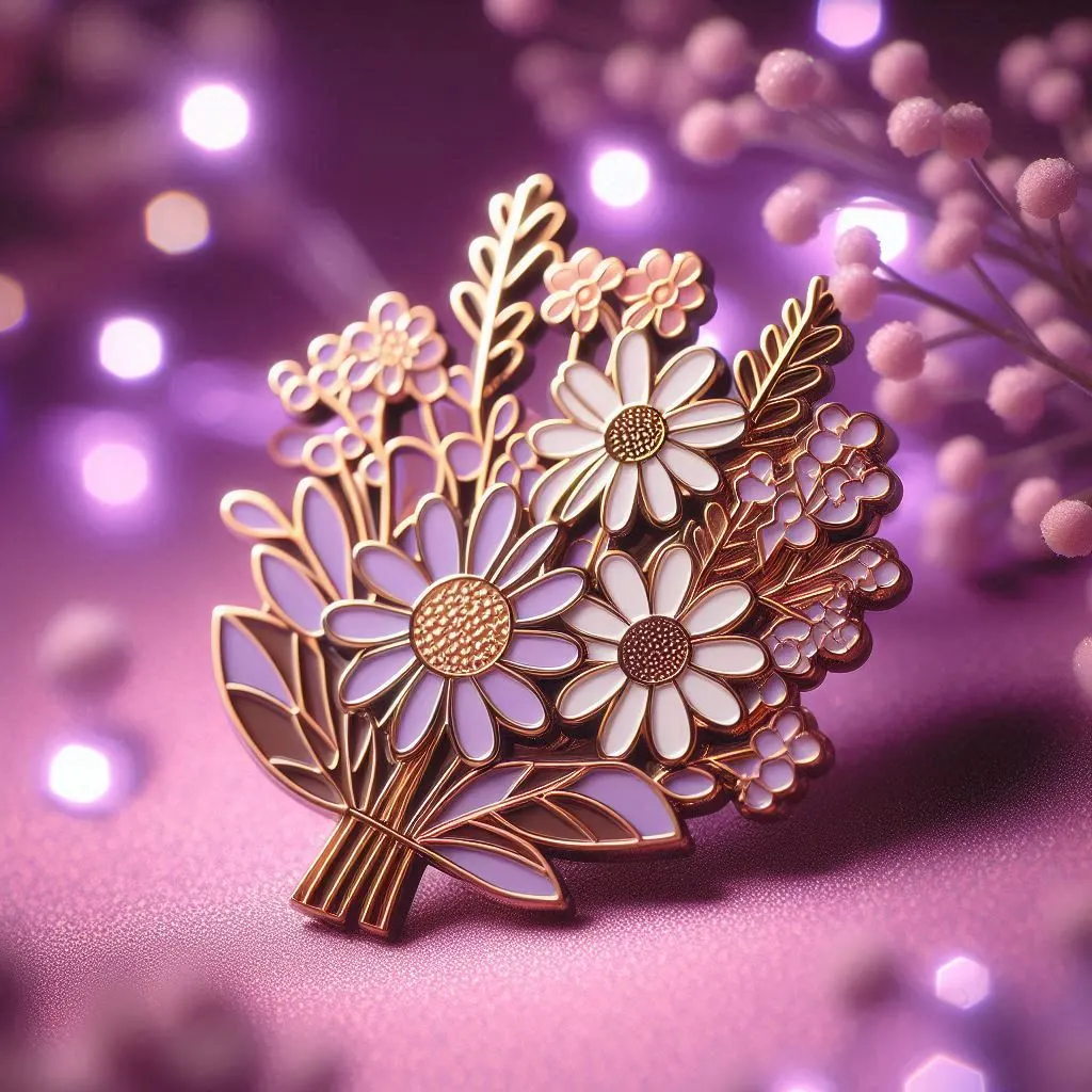closeup photography of a cute flower bouquet enamel pin, lavender color background, backlighting, top lighting, photorealistic, high detailed
