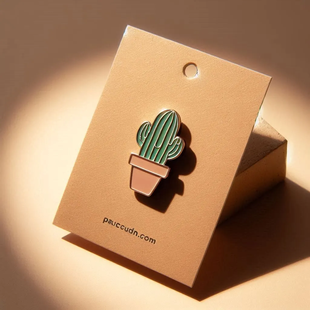 closeup shot of a cute cactus plant enamel pin, on a minimal product display, beige background, backlighting, top lighting
