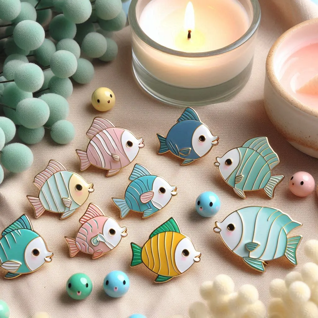 Cute fishes enamel pins , product display , playful symmetry, realistic depiction of light, clean design photorealistic photography, focus on product