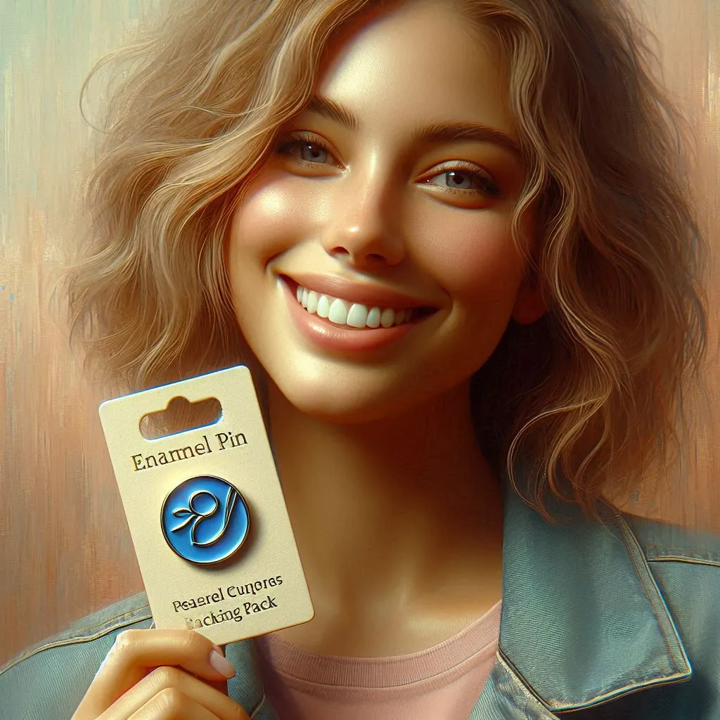 A smiling woman holding a enamel pin backing card pack in her hand, textural layering, softly blended hues, photorealistic