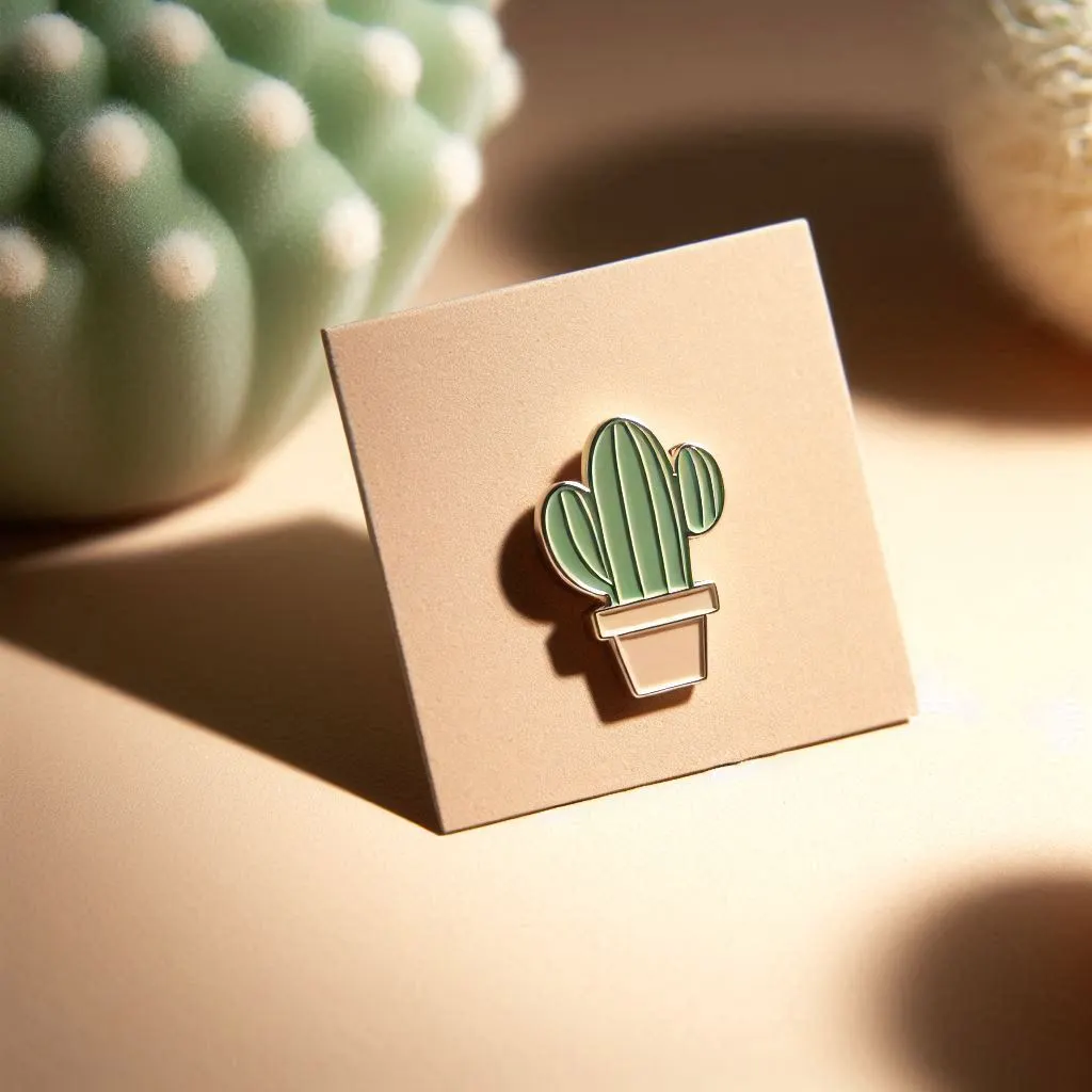 closeup shot of a cute cactus plant enamel pin, on a minimal product display, beige background, backlighting, top lighting