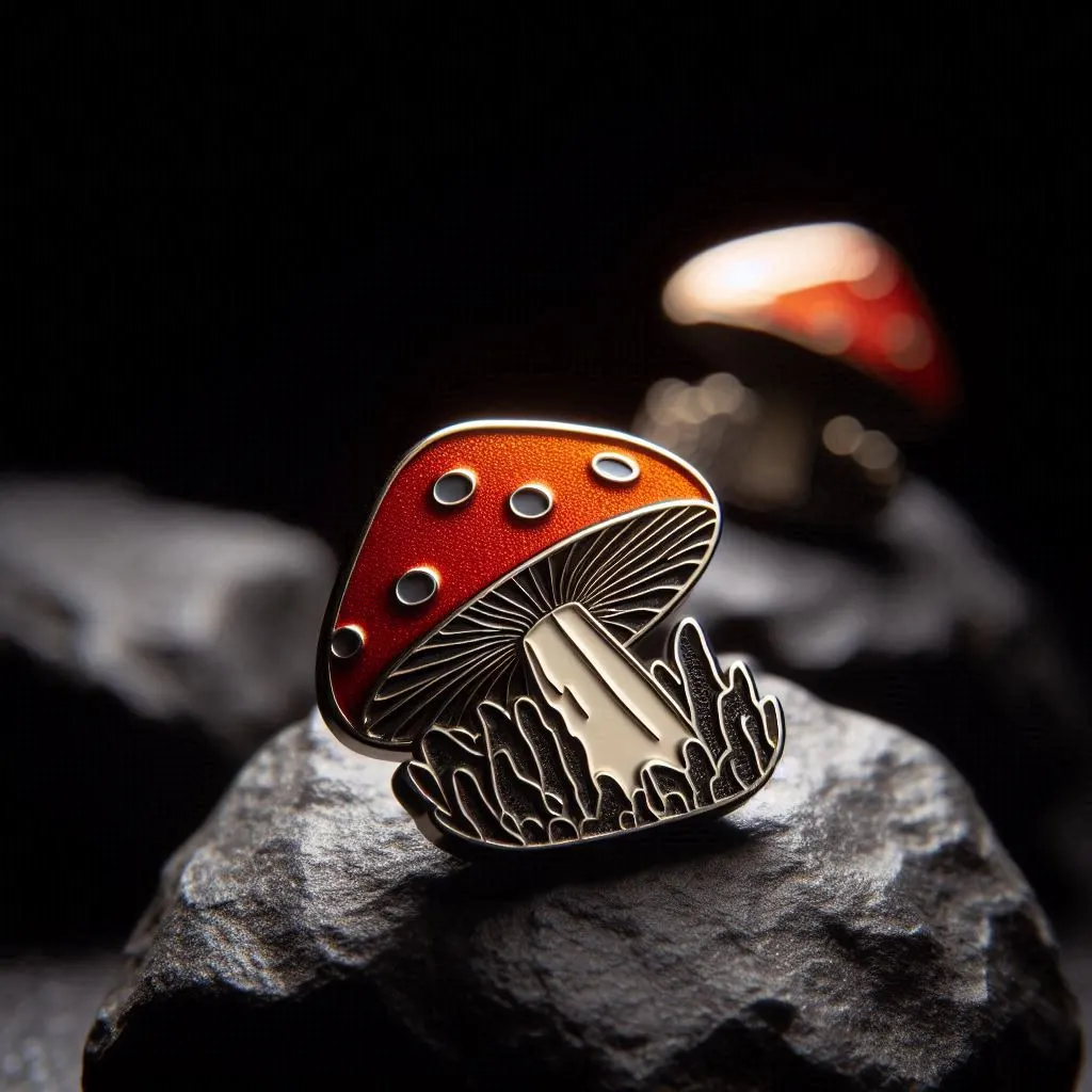 closeup shot of a mushroom enamel pin, on a black rock, , black background, backlighting, top lighting