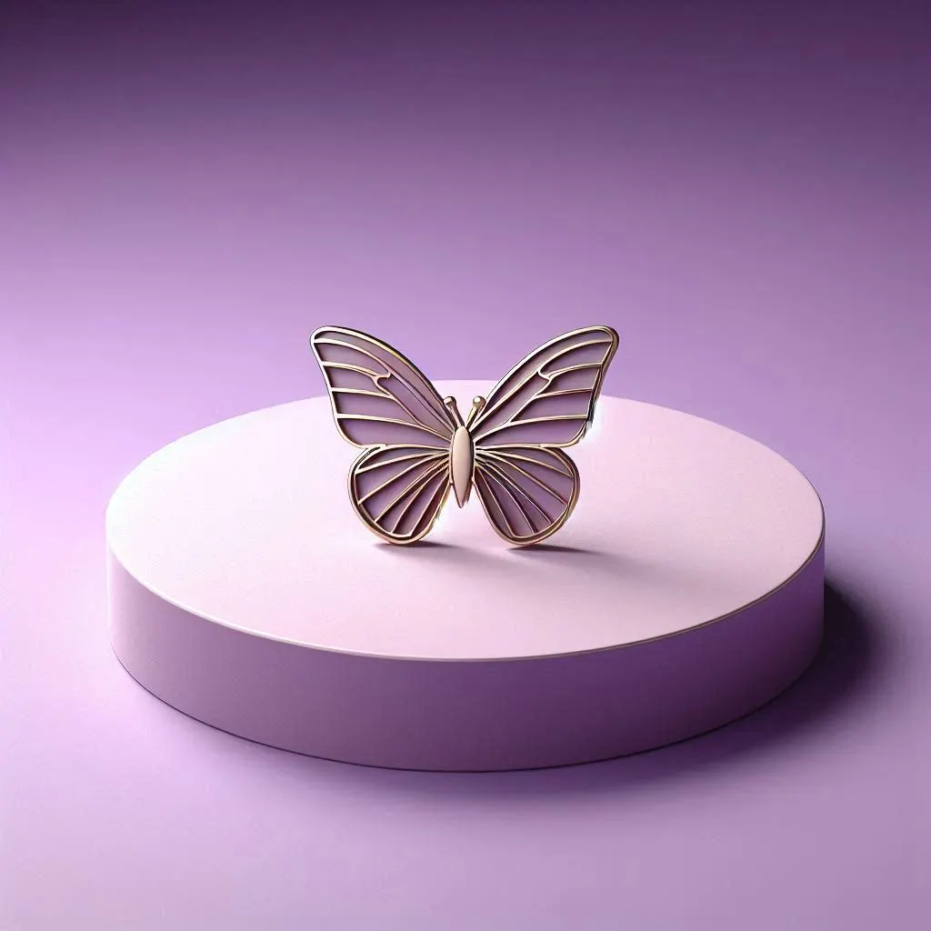 Minimalistic 3D colorful butterfly enamel pin , product display on purple background, sleek podium, clean design photorealistic photography, focus on product, high resolution