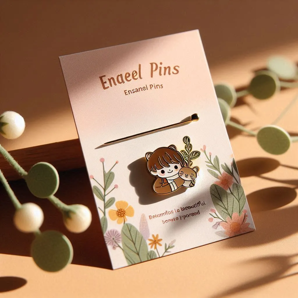 Product photography, enamel pins , minimalist beautiful backing card packaging, natural lighting, photorealistic photography, focus on product, center composition, high resolution