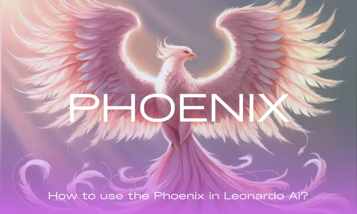 a pink phoenix with open wings with text overlay How to use the Phoenix in Leonardo Ai