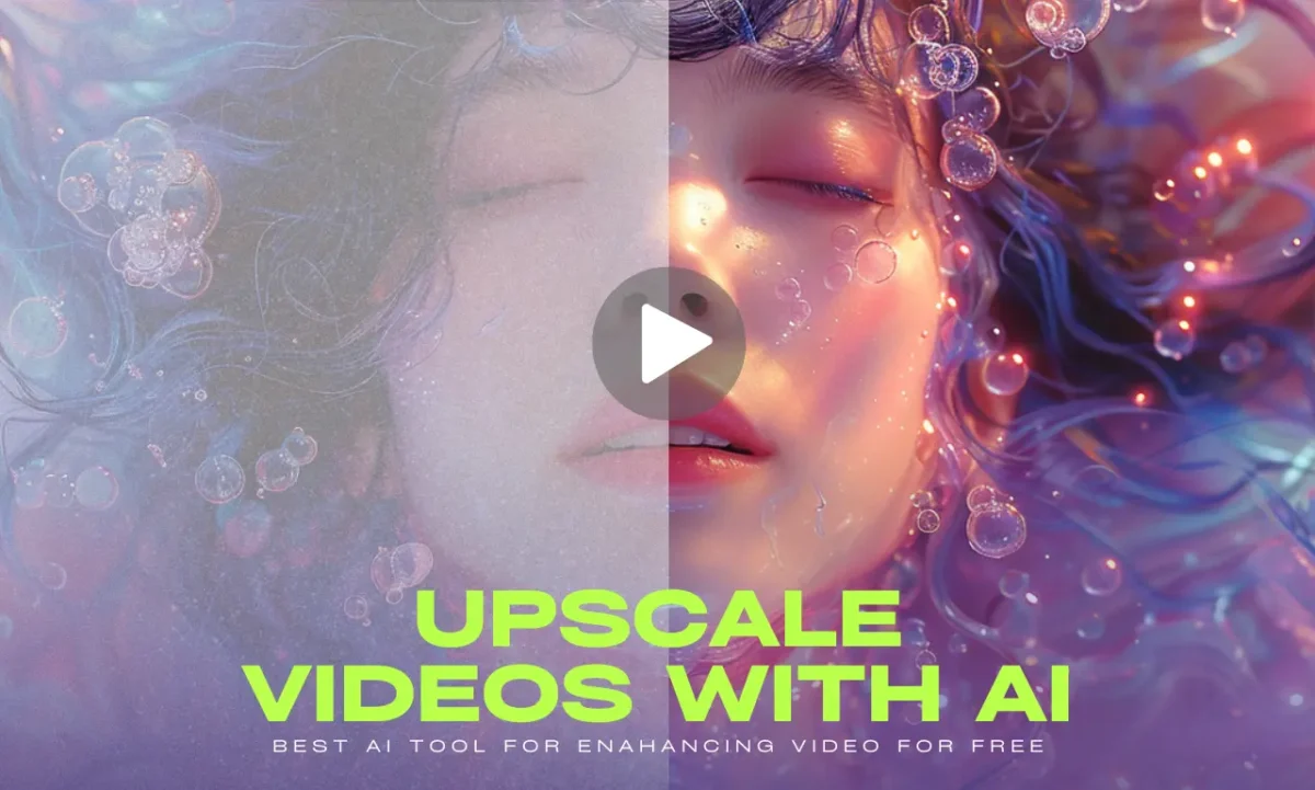 Image showing before and after of video upscaling process of a beautiful girl unders the water pink shades,with text overlay How to enhance or upscale video quality with Krea AI for free?