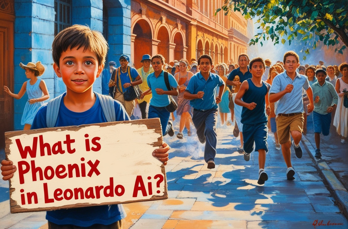 a vibrant oil painting of a boy holding a signboard with text "What is phoenix in leonardo ai" in a street with crowd in background