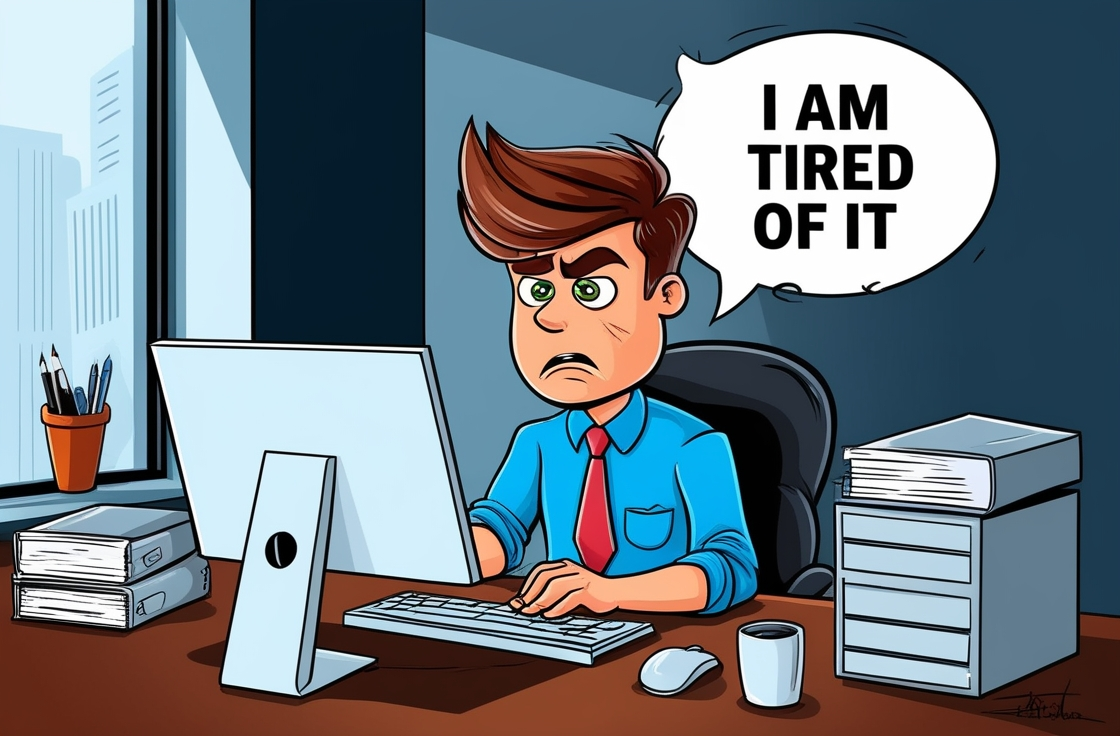 a young digital marketer cartoon illustration with text bubble i am tired