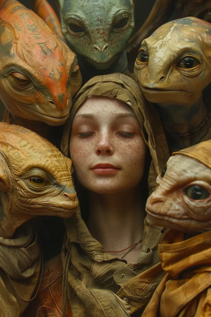 diverse group of aliens with a woman showing love