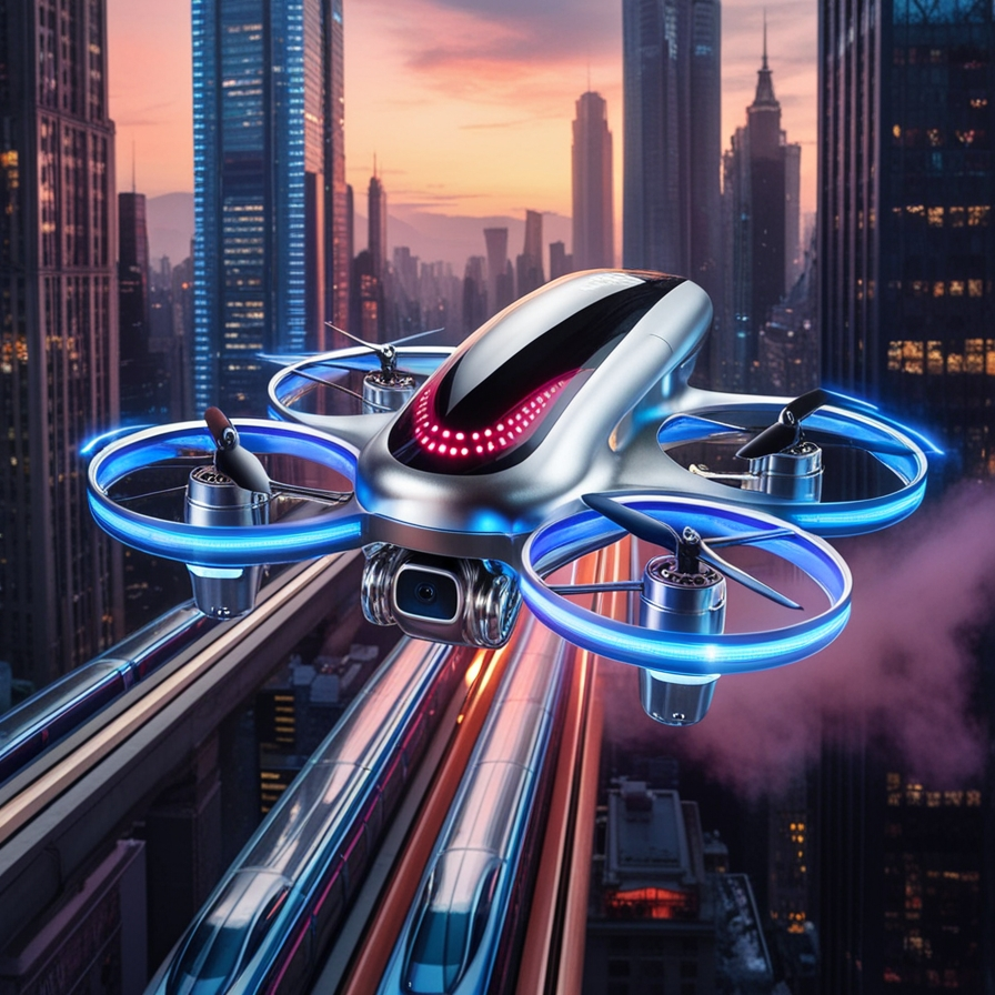 futuristic drone flying in a city with skyscrappers and buildings neo lights