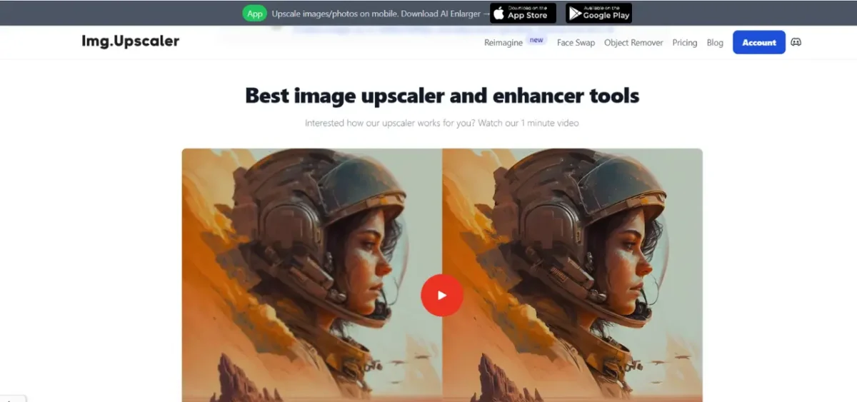 an image of a person wearing a helmet and holding a camera before and after upscaling image quality with imgupscaler ai tool