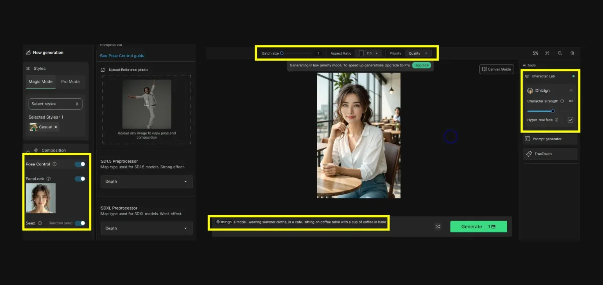 creating ai influencer with rendernet ai, website interface showing step 6 create more poses of the influencer 