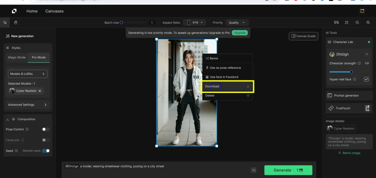 creating ai influencer with rendernet ai, website interface showing step 5 image generation and download image
