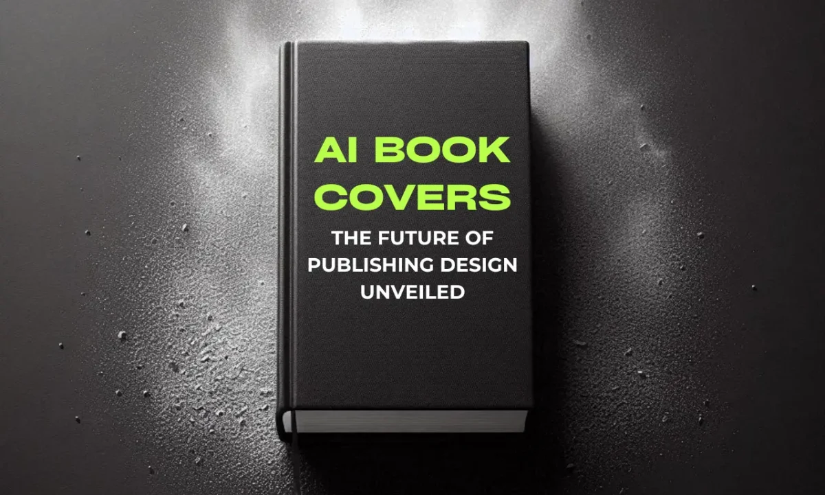 A black book cover mockup top view on black backdrop with text overlay ai book covers The Future of Publishing Design Unveiled