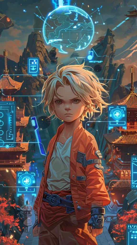 A blond haired boy with dynamoc pose wearing orange clothes, technical neon icons floating in background in anime style generated with midjourney ai