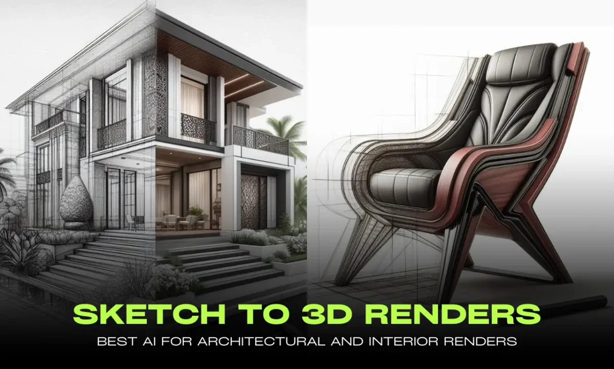 image showing pencil sketch or a building and a futuristic chair transforming into realistic render with prome ai sketch to image and render ai tool for interior designers and architects