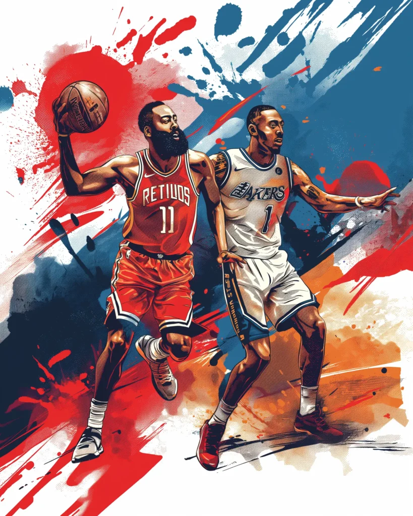 illustration showing 2 nba basketball players in action, with color splashes created with midjourney ai