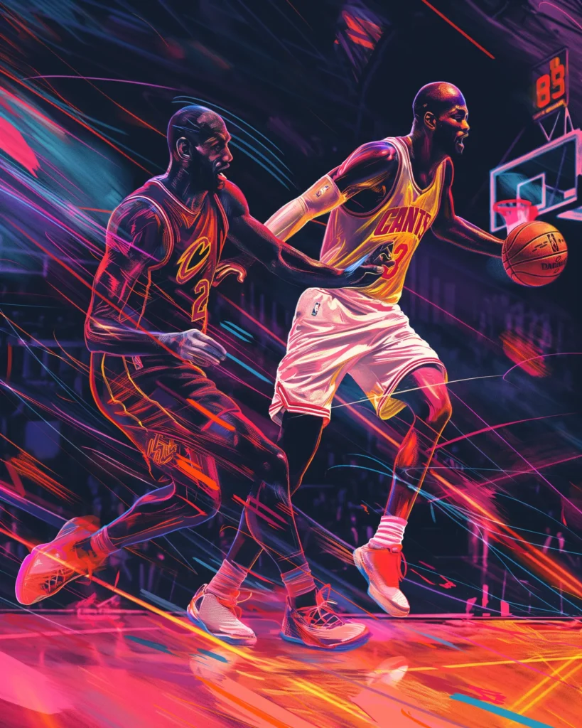 illustration showing 2 nba basketball players in action, with color splashes, dramatic scene created with midjourney ai.webp