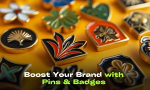 set of enamel pins, lapel pins , employee recognition badge on yellow background for brand identity