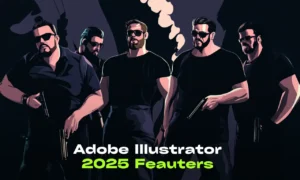 Gang of male criminals, wearing black dresses, smoking, wearing sunglasses with text overlay adobe illustrator 2025 features