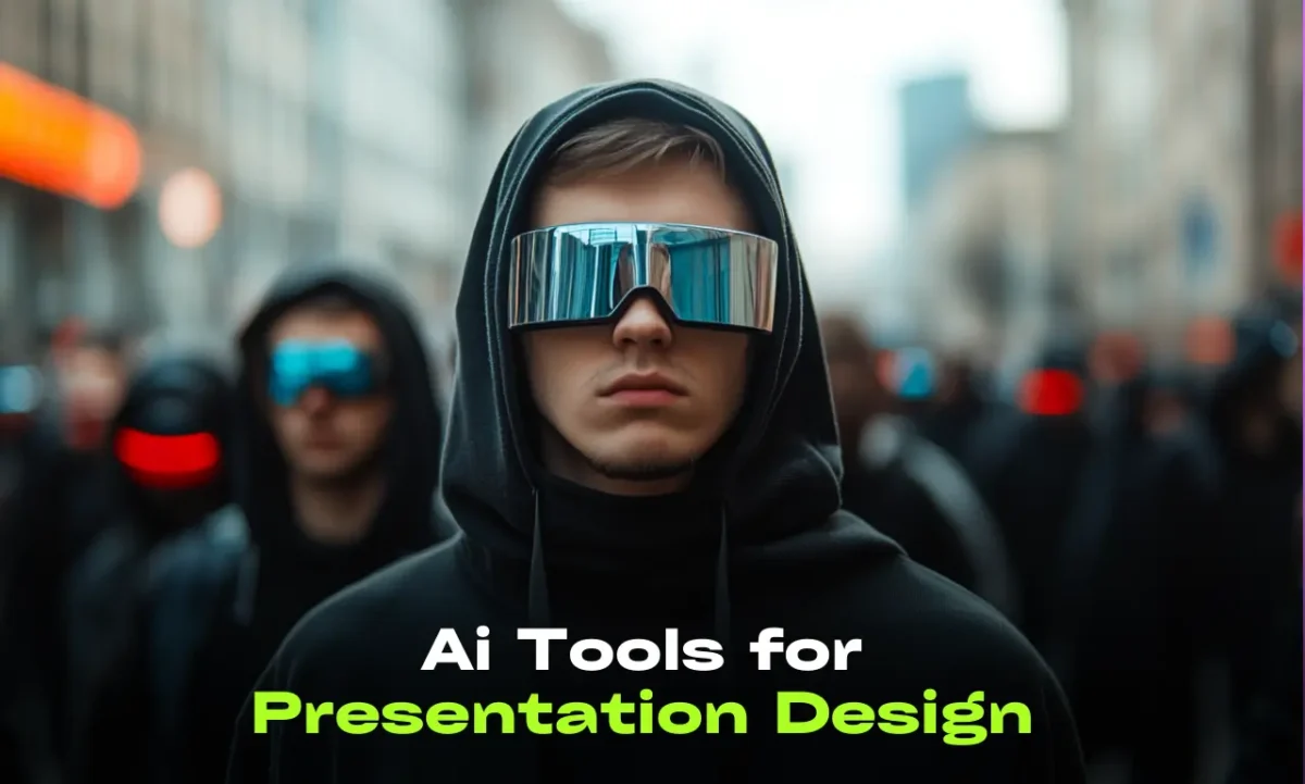 a person in a black hoodie and sunglasses standing in the middle of a crowd with text overlay Ai Tools for Presentation Design