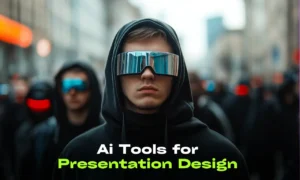 a person in a black hoodie and sunglasses standing in the middle of a crowd with text overlay Ai Tools for Presentation Design