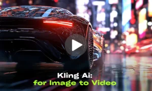 a futuristic sports car is driving down a city street at night with text overlay Kling Ai: for Image to Video