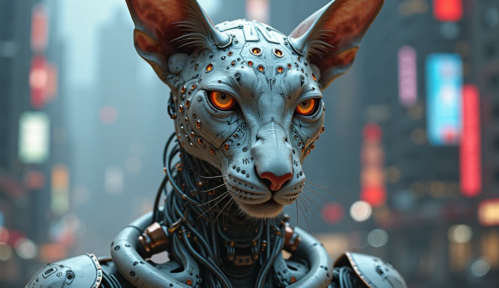 sphinx human hybrid, cyberpunk, cybernetic implants, hyper detailed, copyspace manus ai