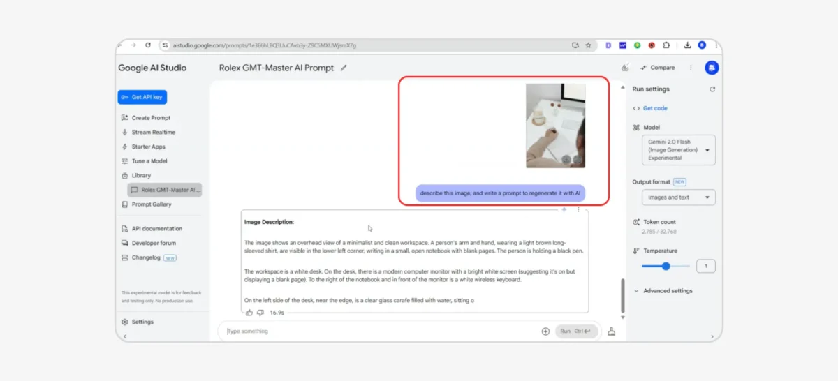 Screenshot of google gemini 2.0 flash describe image