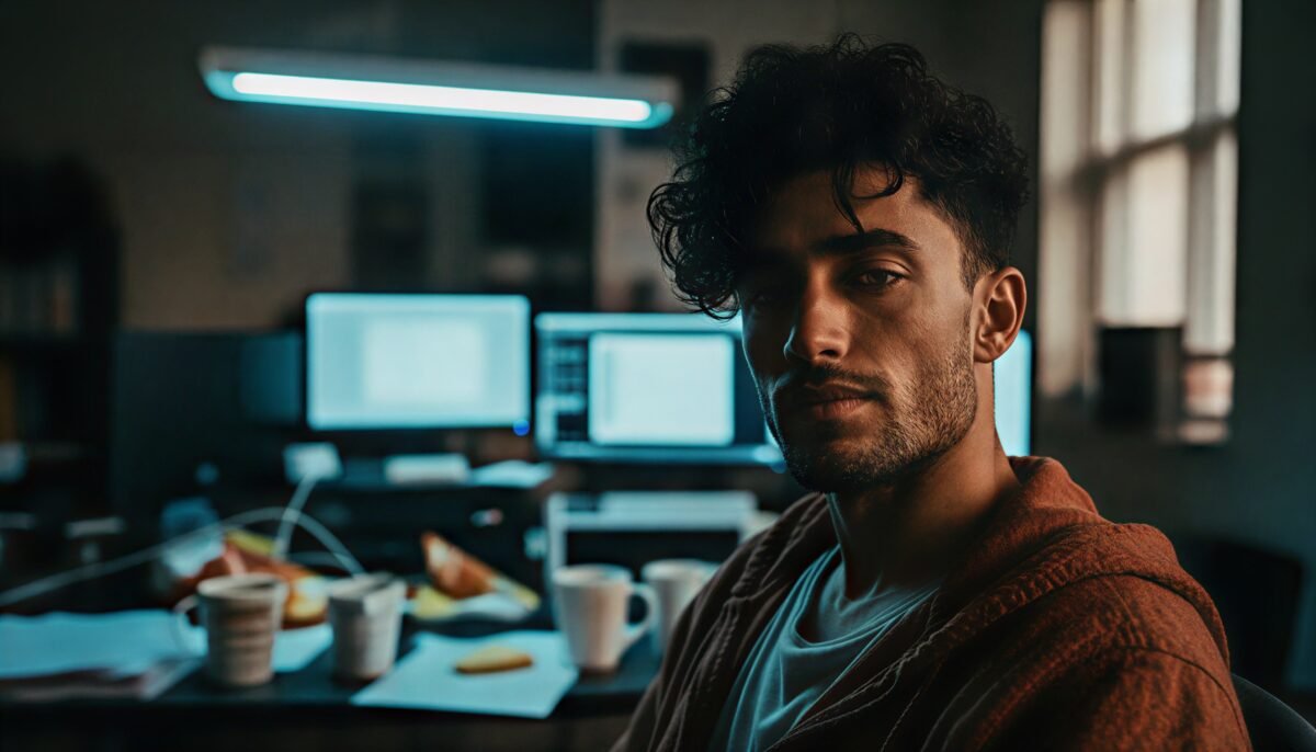 Dheeraj Soni handheld 35mm close up cinematic shot of an exhausted young profe 1b00d0e6 24d5 4f44 a2f7 37ca09ee2b63 upscaled